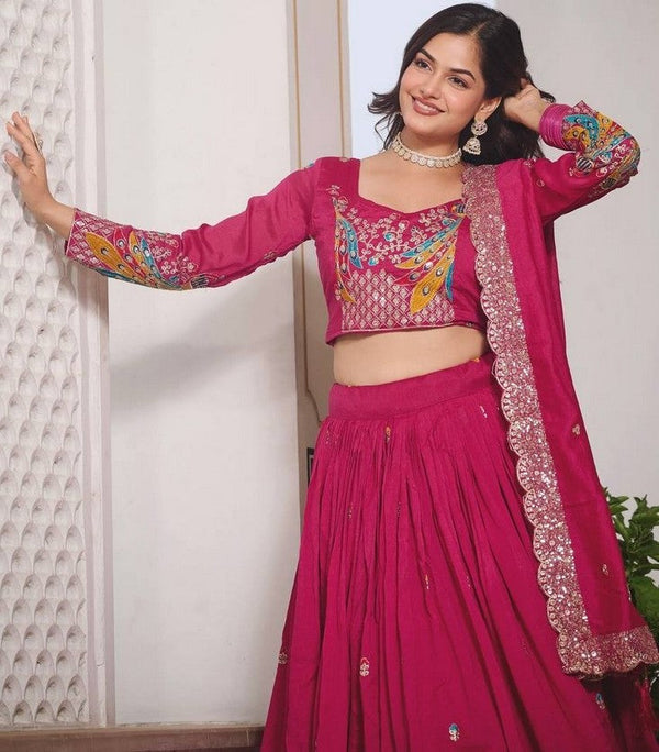 Magnetic Pink Color Vichitra Fabric Party Wear Lehenga