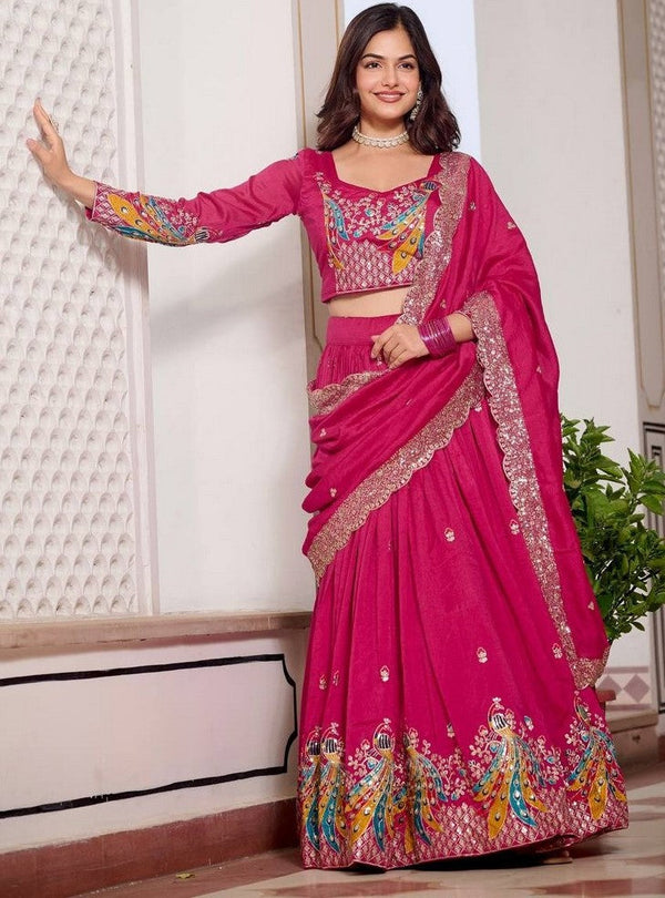 Magnetic Pink Color Vichitra Fabric Party Wear Lehenga