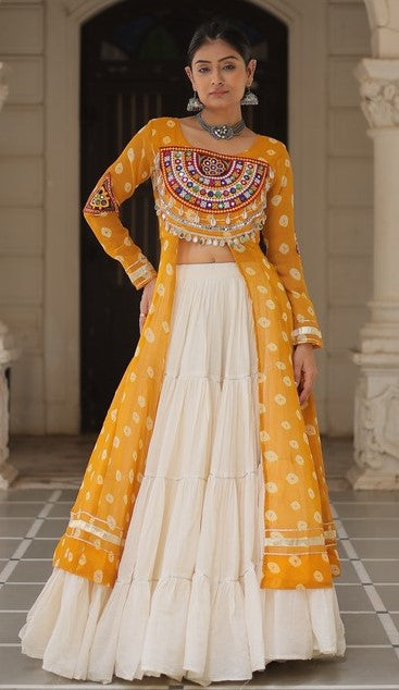 Magnetic Yellow Color Georgette Fabric Designer Kurti With Skirt