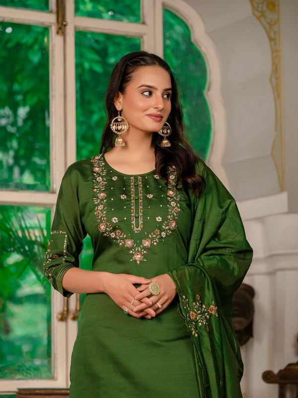 Amazing Green Color Silk Fabric Designer Suit