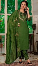 Amazing Green Color Silk Fabric Designer Suit