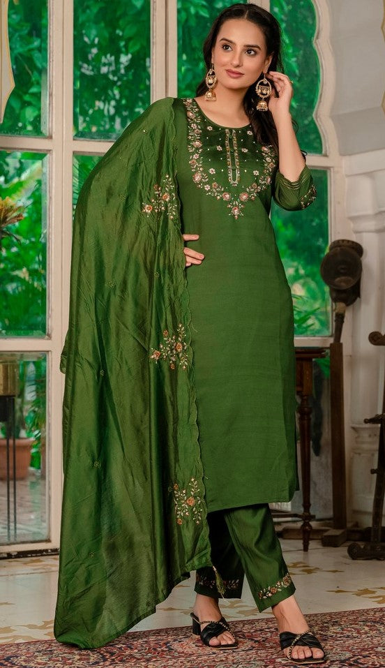 Amazing Green Color Silk Fabric Designer Suit