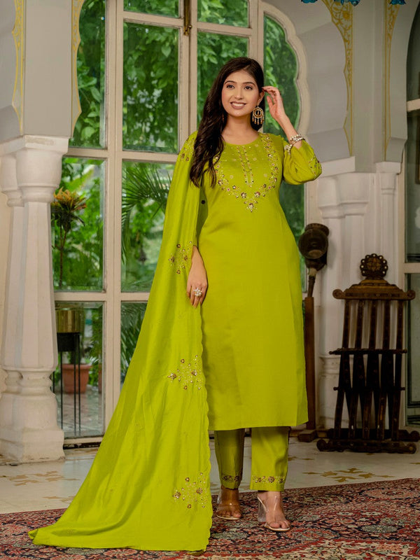 Amazing Green Color Silk Fabric Designer Suit