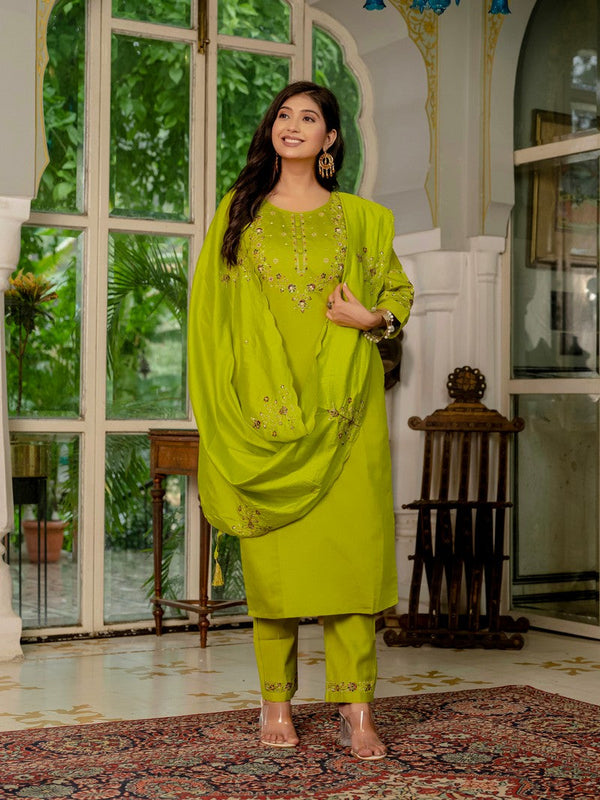 Amazing Green Color Silk Fabric Designer Suit
