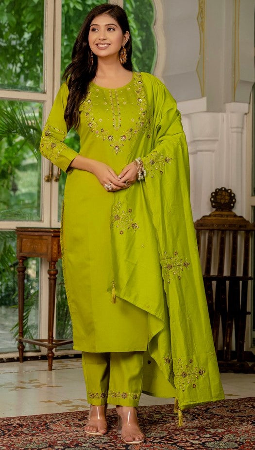 Amazing Green Color Silk Fabric Designer Suit