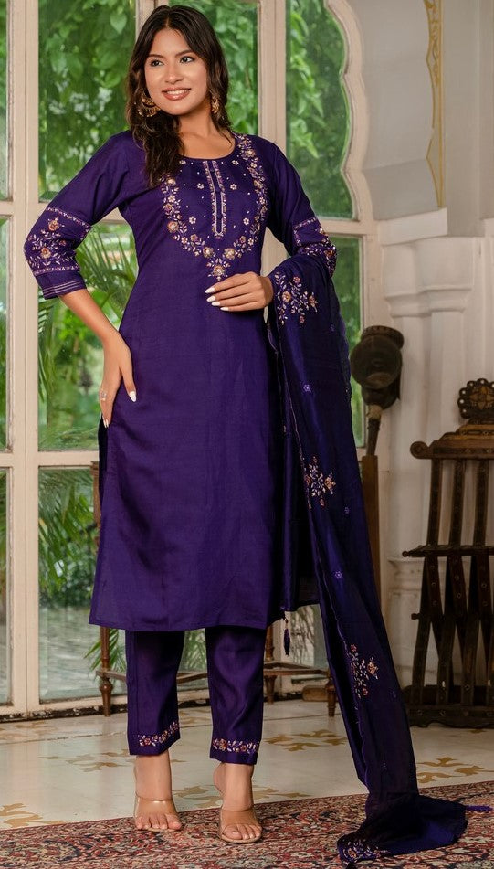 Amazing Voilet Color Silk Fabric Designer Suit