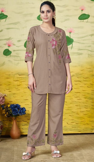 Amazing Brown Color Rayon Fabric Cord Set