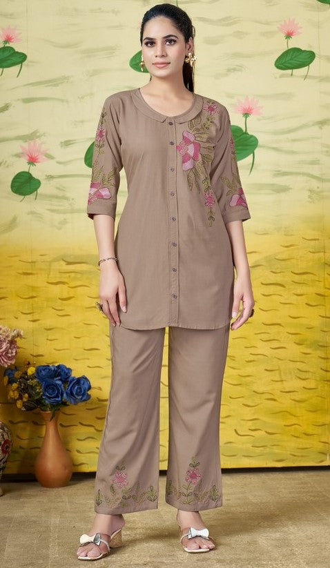 Amazing Brown Color Rayon Fabric Cord Set