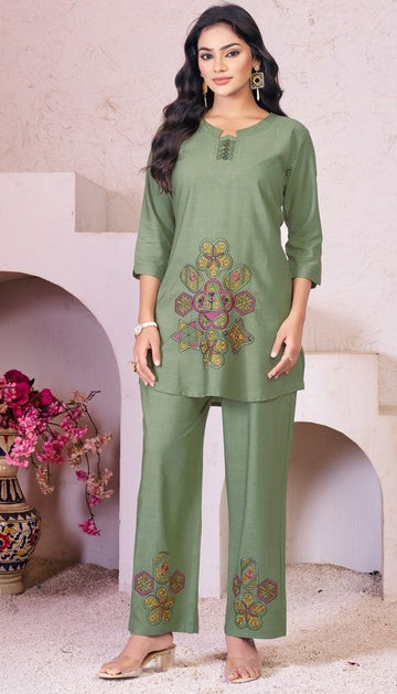 Dazzling Green Color Rayon Fabric Cord Set