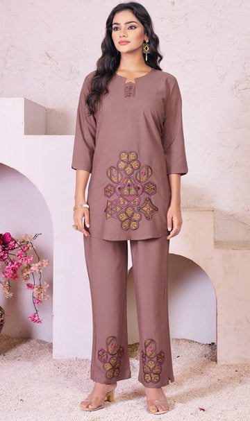 Dazzling Brown Color Rayon Fabric Cord Set