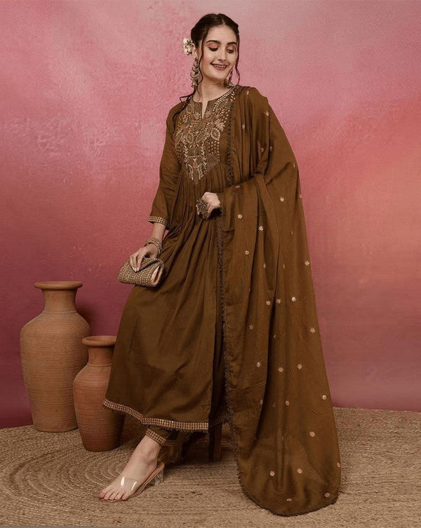 Pretty Brown Color Viscose Fabric Designer Suit