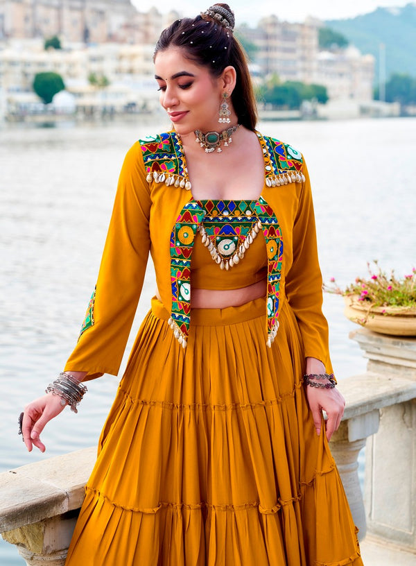 Magnetic Yellow Color Rayon Fabric Designer Lehenga