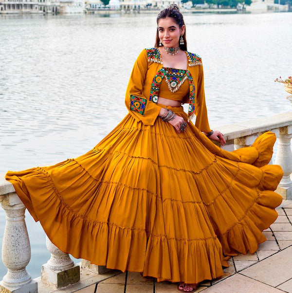 Magnetic Yellow Color Rayon Fabric Designer Lehenga