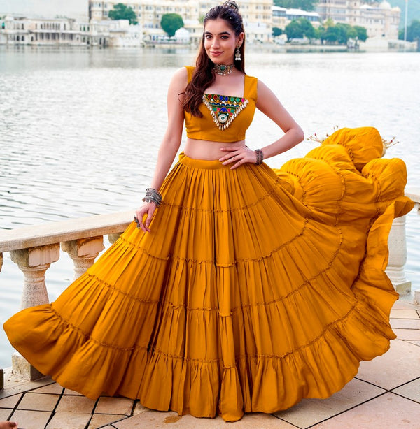 Magnetic Yellow Color Rayon Fabric Designer Lehenga
