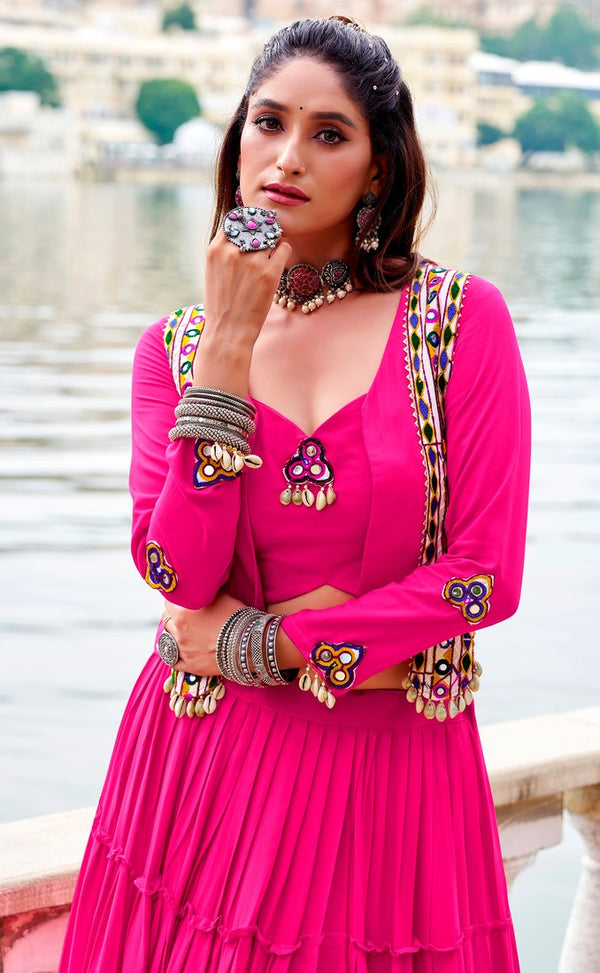 Magnetic Pink Color Rayon Fabric Designer Lehenga