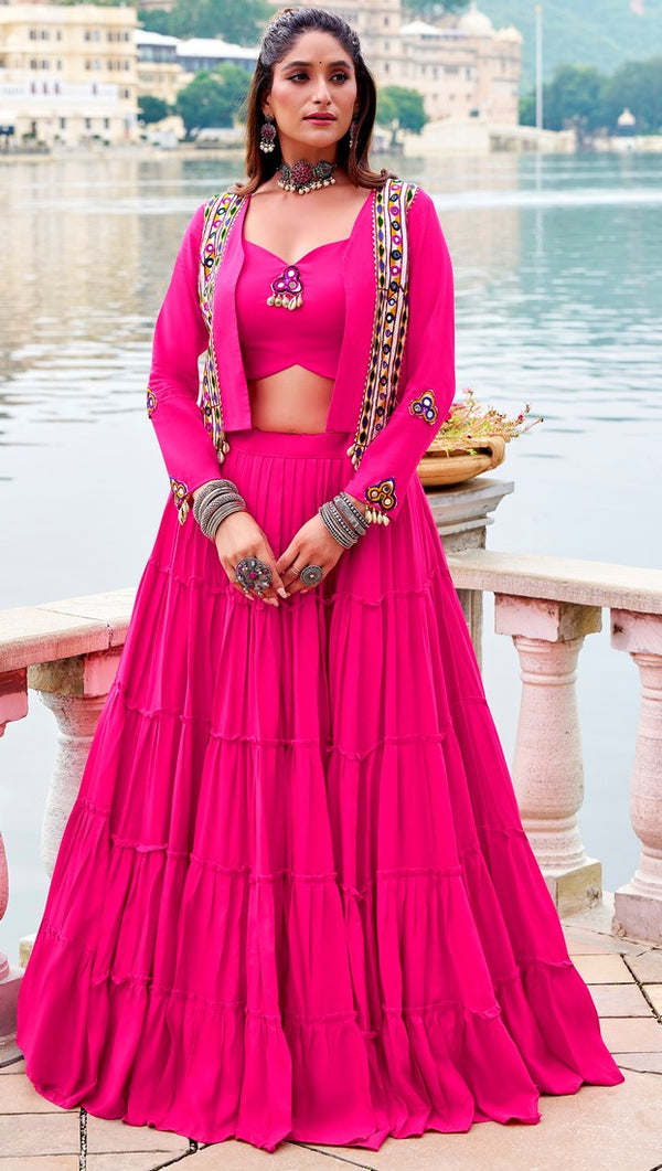 Magnetic Pink Color Rayon Fabric Designer Lehenga