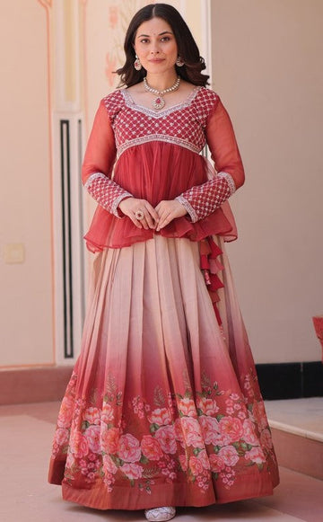 Magnetic Red Color Cosmos Fabric Party Wear Lehenga