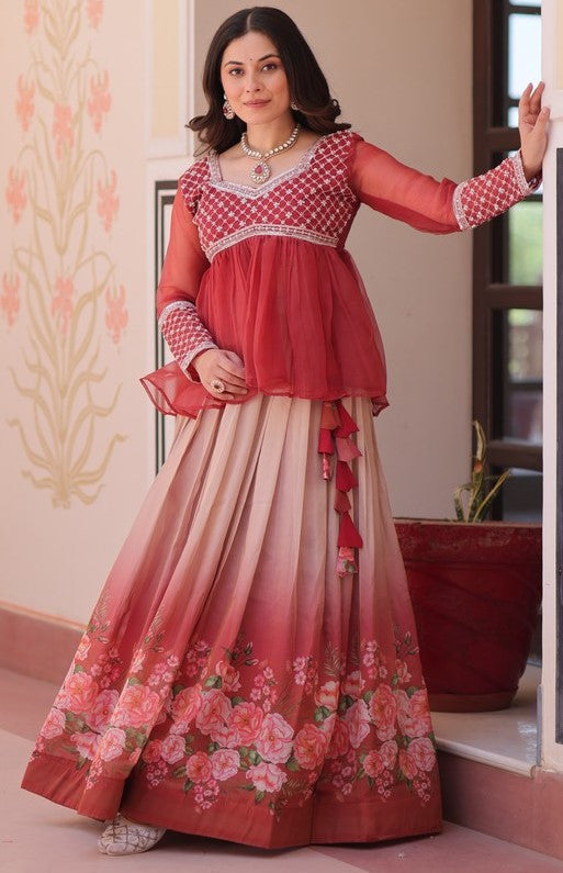 Magnetic Red Color Cosmos Fabric Party Wear Lehenga