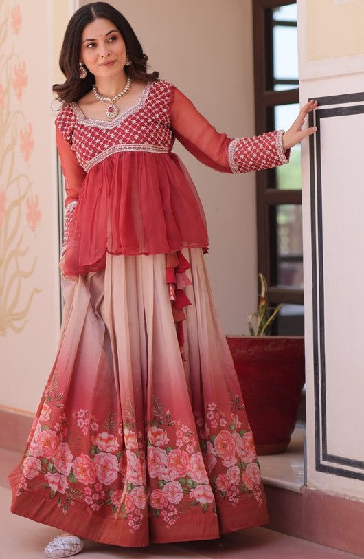 Magnetic Red Color Cosmos Fabric Party Wear Lehenga