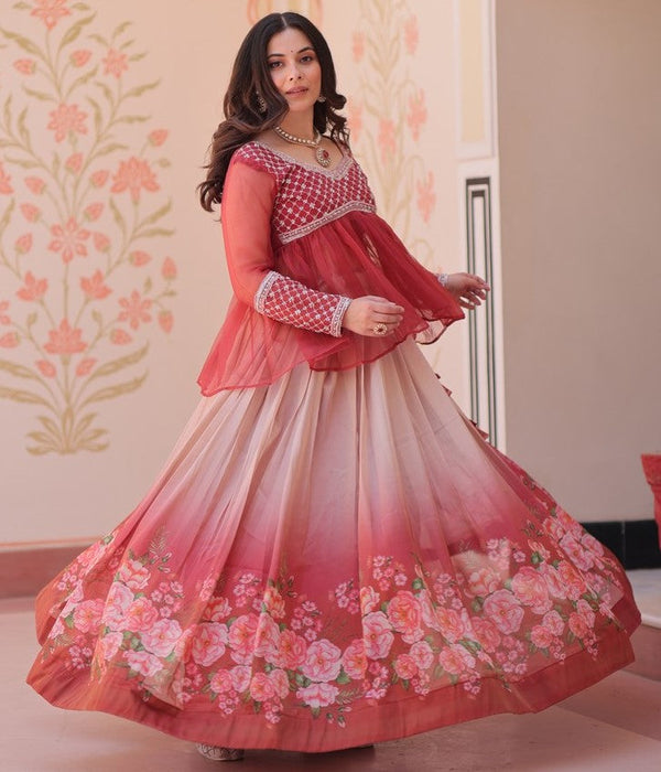 Magnetic Red Color Cosmos Fabric Party Wear Lehenga