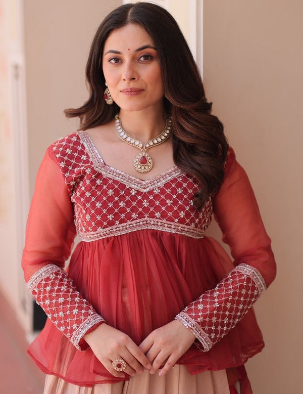 Magnetic Red Color Cosmos Fabric Party Wear Lehenga