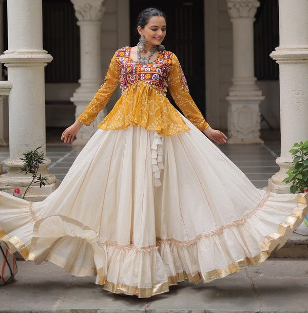 Magnetic Cream Color Cotton Fabric Party Wear Lehenga