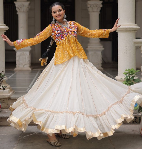 Magnetic Cream Color Cotton Fabric Party Wear Lehenga