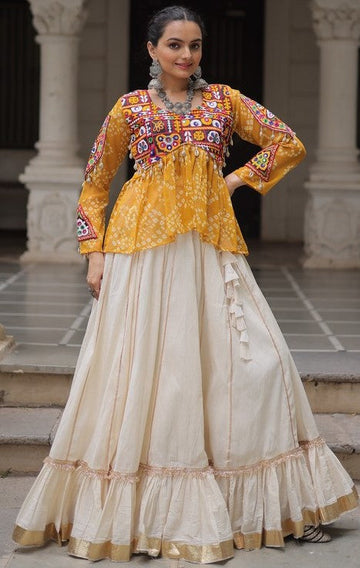 Magnetic Cream Color Cotton Fabric Party Wear Lehenga