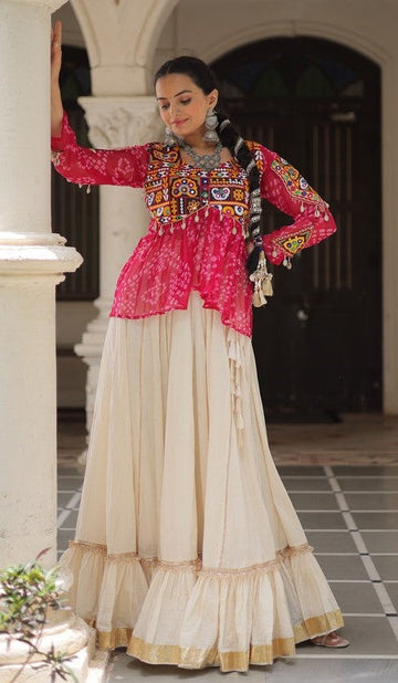 Magnetic Cream Color Cotton Fabric Party Wear Lehenga