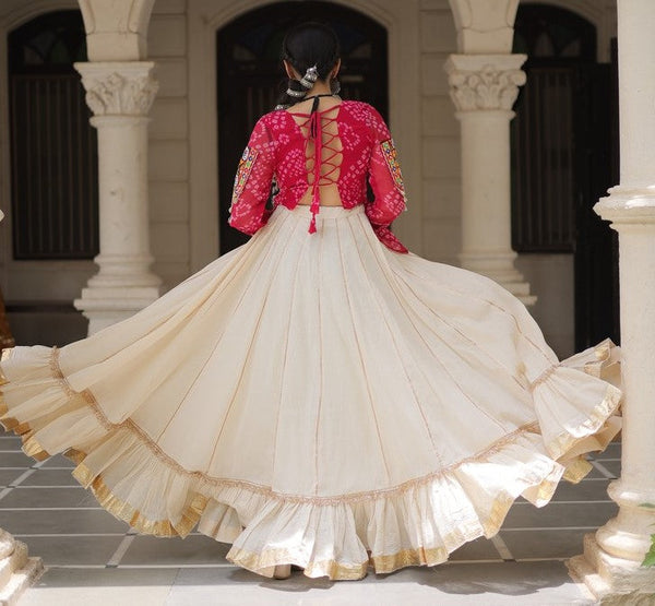 Magnetic Cream Color Cotton Fabric Party Wear Lehenga