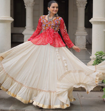 Magnetic Cream Color Cotton Fabric Party Wear Lehenga