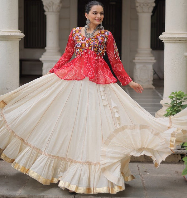 Magnetic Cream Color Cotton Fabric Party Wear Lehenga
