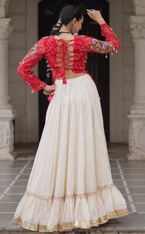 Magnetic Cream Color Cotton Fabric Party Wear Lehenga