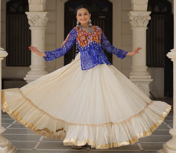 Magnetic Cream Color Cotton Fabric Party Wear Lehenga