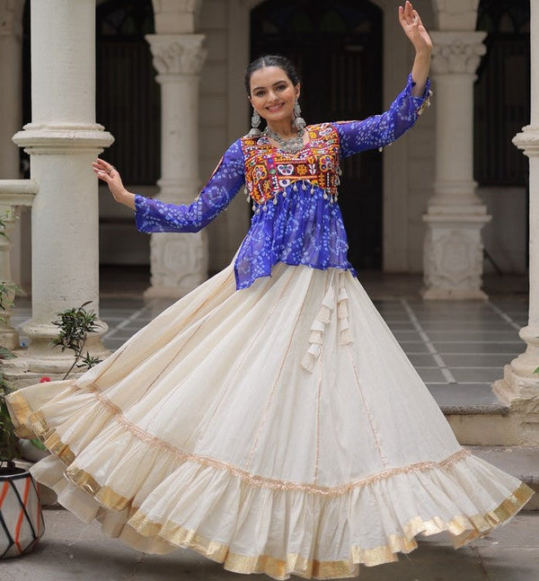 Magnetic Cream Color Cotton Fabric Party Wear Lehenga