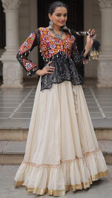 Magnetic Cream Color Cotton Fabric Party Wear Lehenga