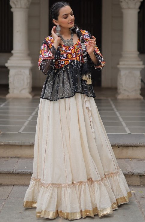 Magnetic Cream Color Cotton Fabric Party Wear Lehenga