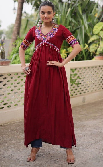 Striking Maroon Color Rayon Fabric Designer Kurti