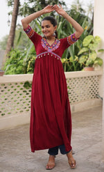 Striking Maroon Color Rayon Fabric Designer Kurti