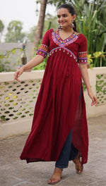 Striking Maroon Color Rayon Fabric Designer Kurti