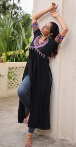 Striking Black Color Rayon Fabric Designer Kurti