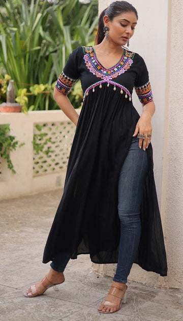 Striking Black Color Rayon Fabric Designer Kurti