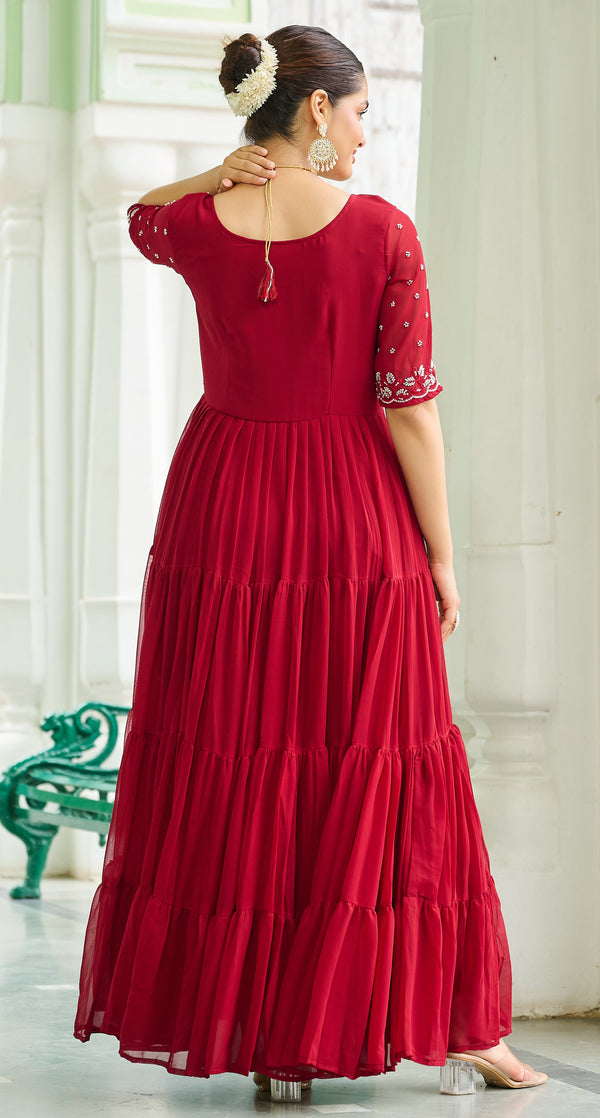 Dazzling Maroon Color Blooming Fabric Gown
