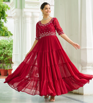 Dazzling Maroon Color Blooming Fabric Gown