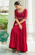 Dazzling Maroon Color Blooming Fabric Gown