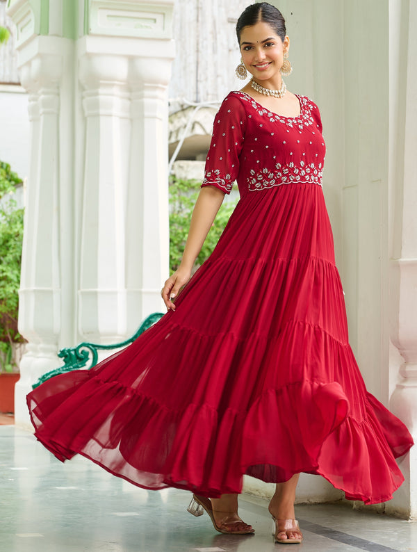 Dazzling Maroon Color Blooming Fabric Gown