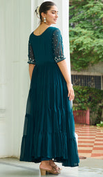 Dazzling Teal Color Blooming Fabric Gown