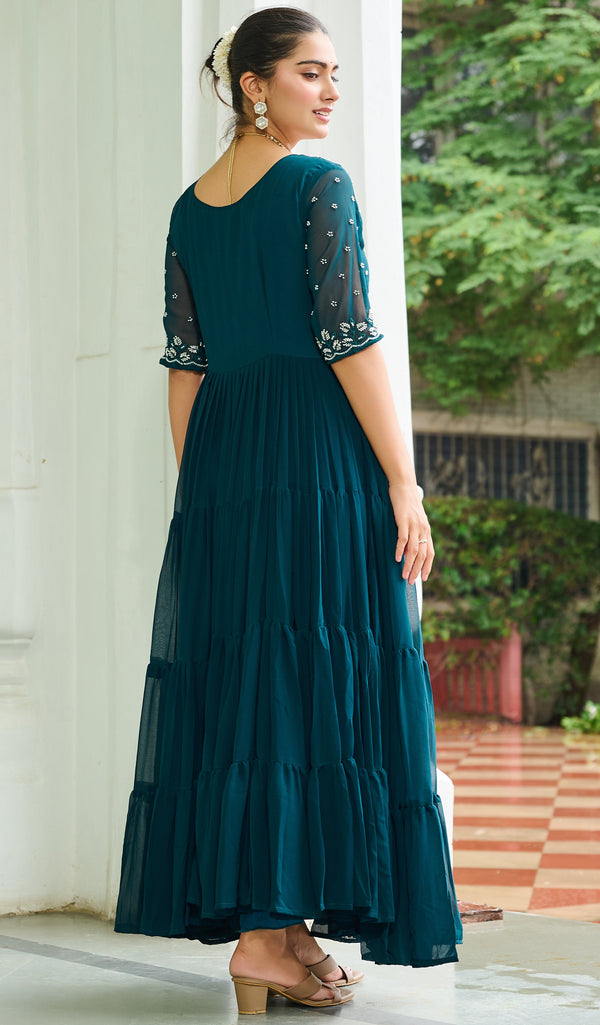 Dazzling Teal Color Blooming Fabric Gown