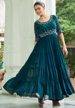 Dazzling Teal Color Blooming Fabric Gown