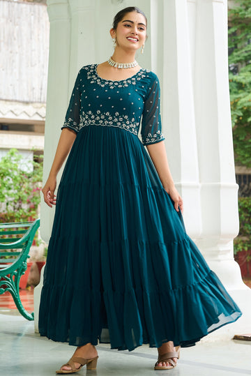 Dazzling Teal Color Blooming Fabric Gown